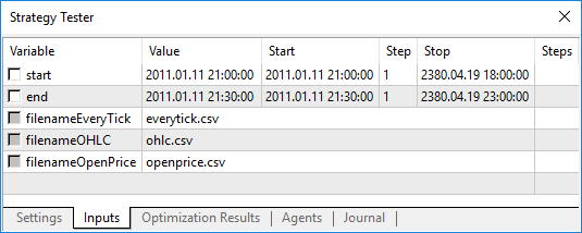 We can specify the starting and the ending dates of the ticks (the variables start and end) for the WriteTicksFromTester Expert Advisor We can specify the starting and the ending dates of the ticks (the variables start and end) for the WriteTicksFromTester Expert Advisor